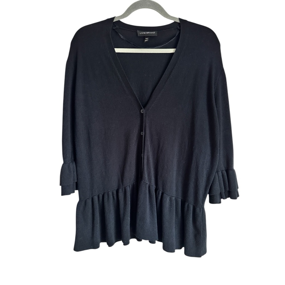 Lane Bryant Black Knit Cardigan Sweater Ruffle Sleeve w/Ruffle Drop Hem 14/16